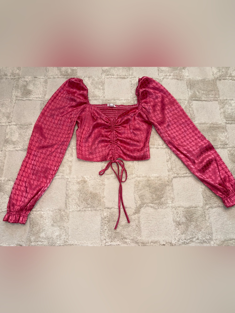 Hot Pink Satin Houndstooth Balloon Long Sleeve Crop Top Size Small